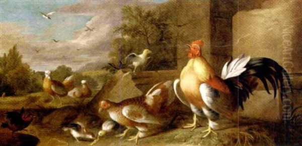 A Rooster, Hen And Other Fowl In An Extensive Landscape - view 1