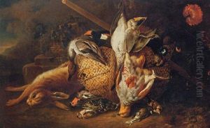 A Still Life Of Dead Game Including A Rabbit, Duck And Songbirds In A Landscape by Jakob Bogdani