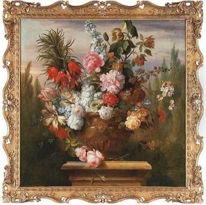 A Crown Imperial Lily, Tulips, Peonies, Roses, Morning Glory And Other Flowers In A Sculpted Urn On A Plinth In A Garden by Jakob Bogdani