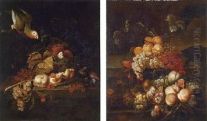 Still Life Of Grapes, A Halved Peach And Cherries Resting On A Table With A Parrot (+ Still Life Of Grapes With A Landscape; Pair)