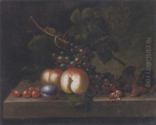 Peaches, Grapes, Strawberries, Nuts And A Plum On A Ledge - view 1
