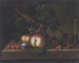 Peaches, Grapes, Strawberries, Nuts And A Plum On A Ledge by Jakob Bogdani