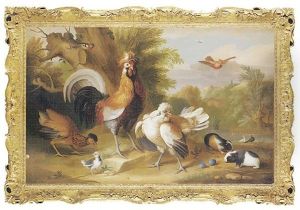 Domestic Fowl With Guinea Pigs In A Wooded Landscape, With Buildings Beyond