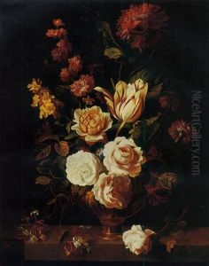 Roses, A Parrot Tulip, Carnations, Morning Glory, Honeysuckle And Other Flowers In An Urn On A Stone Ledge by Jakob Bogdani