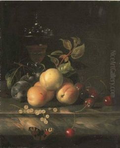 A Facon-de-venise Wine Glass With Peaches, Plums, White Currants And Cherries On A Marble Ledge With A Peacock Butterfly by Jakob Bogdani