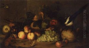 Still Life Of Fruit With A Magpie And A Red Squirrel In A Landscape Setting