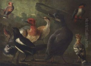A Landscape With A Black-capped Caique Parrot, A Hoopoe, A Magpie And Other Birds