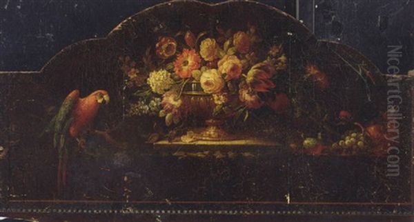 Roses, Tulips, Carnations And Other Flowers In An Urn With Fruit And A Parrot On A Ledge - view 1