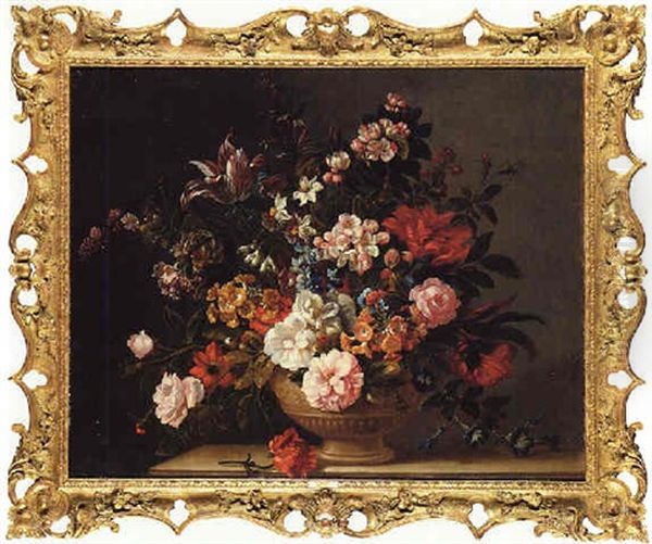 A Still Life With Tulips And Other Flowers In A Stone Vase On A Ledge - view 1