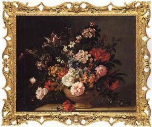A Still Life With Tulips And Other Flowers In A Stone Vase On A Ledge by Jakob Bogdani