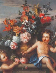 Deux Angelots Entourant Un Bouquet De Fleurs by Jakob Bogdani