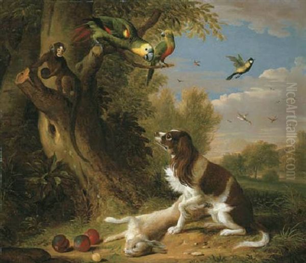 A Spaniel, A Hare, A Monkey, Plums And Exotic Birds By A Tree In A Wooded Landscape - view 1