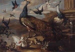 A Peacock And A Peahen, Swallows, Kingfishers, Ducks, And Ducklings By A Classical Column, In A Landscape