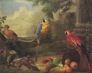 A Blue Parrot, A Scarlet Maccaw And Other Exotic Birds By A Classical Column In A Wooded Landscape by Jakob Bogdani