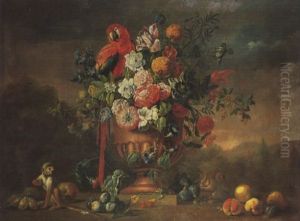 A Parrot Amongst Flowers In A Classical Vase With A Monkey In The Foreground Amidst Various Fruit In A Parkland Landscape by Jakob Bogdani