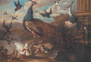 Peacocks, Swallows, Kingfishers, Ducks, And Duckling Beside A Stone Ledge And Column In A Landscape