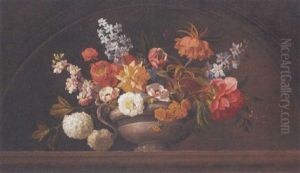 Poppies, Roses, Lilac, Chrysathemums, Lilies, Gentians, Sage, Hydrangea And Other Flowers In Stone Urn On A Marble Ledge