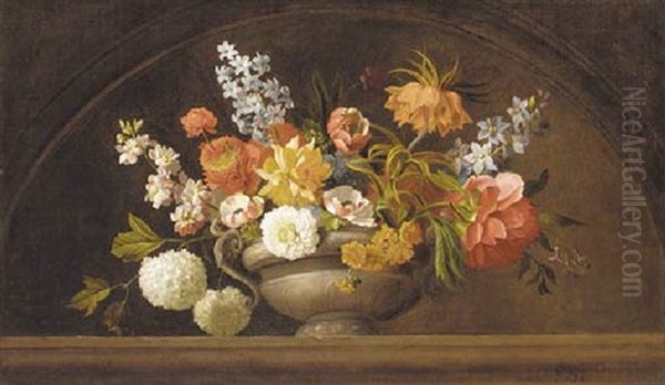 Poppies, Roses, Lilac, Chrysanthemums, Lilies, Gentians, Sage, Hydrangea And Other Flowers In A Stone Urn On A Marble Ledge - view 1