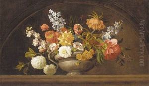 Poppies, Roses, Lilac, Chrysanthemums, Lilies, Gentians, Sage, Hydrangea And Other Flowers In A Stone Urn On A Marble Ledge Poppies, Roses, Lilac, Chrysanthemums, Lilies, Gentians, Sage, Hydrangea And Other Flowers In A Stone Urn On A Marble Ledge