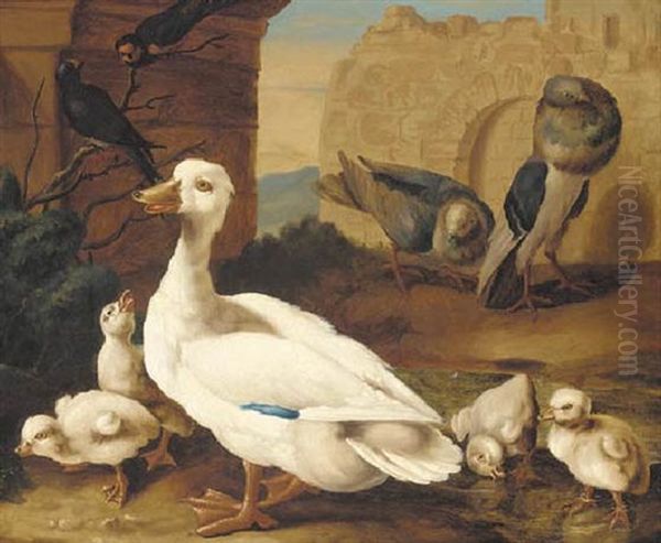 A Duck With Ducklings, Pigeons And Swifts Before A Ruined Wall - view 1