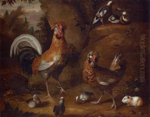 A Cockerel And Hen With Chicks, Doves And A Guinea Pig In A Woodland Cleaning, A Mansion Beyond by Jakob Bogdani