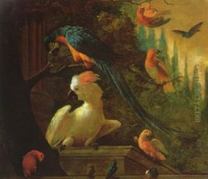 A Blue Macaw Perched On A Branch With A White Cockateal And Other Parrots In A Parkland Landscape