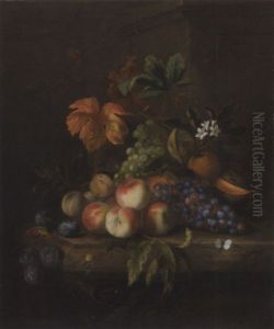 Peaches, Grapes, A Melon, Orange Blossom With An Orange, Plums, A Butterfly And A Snail, On A Marble Table by Jakob Bogdani
