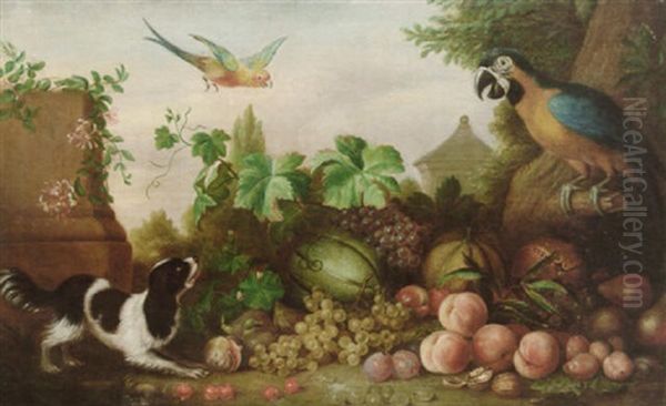 A Macaw, A Parakeet And A Spaniel By Fruit In A Landscape - view 1
