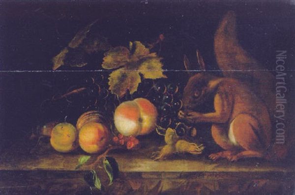 Grapes, Peaches, Red Currants And Hazelnuts With A Squirrel On A Ledge - view 1