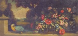 A Basket Of Flowers And A Macaw On A Wall By An Urn, A Landscape Beyond