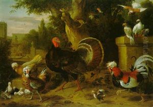 Cockerels, Hens, A Turkey And Other Birds In An Ornamental Garden Setting