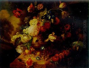 Flowers In An Urn By A Roemer And A Blue And White Dish On A Pedestal In A Landscape