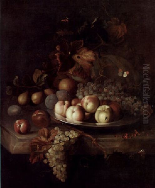 Fruit On A Pewter Plate With Other Fruit On A Marble Ledge - view 1