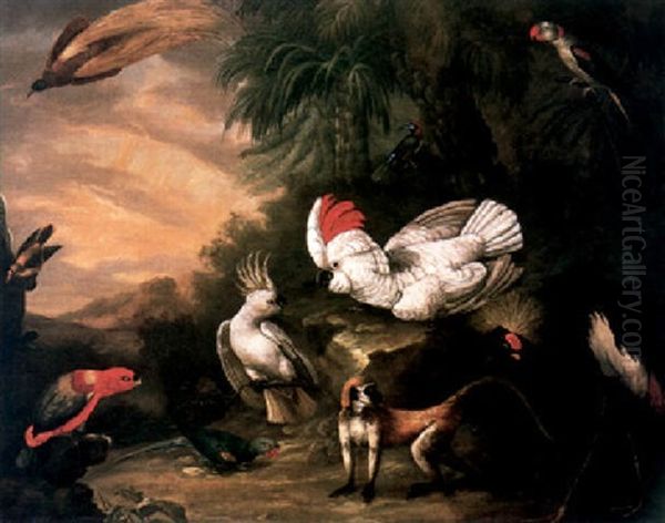 A Bird Of Paradise, A Lesser Sulphar Crested Cockatoo And Other Birds, And A Gibbon In A Tropical Paradise - view 1
