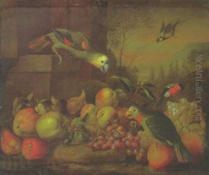 Parrots, A Bullfinch, Apples, Grapes And Oranges And A Greenfinch In A Landscape