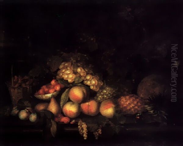 Still Life With Peaches, Grapes, Plums, Various Other Fruits And Hazelnuts In A Basket, All On A Stone Ledge With A Butterfly - view 1