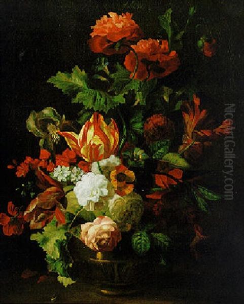 Tulips, Poppies, Roses And Other Flowers In A Brass Vase - view 1