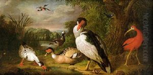 A Muscovy Duck, A Scarlet Ibis And Other Birds By A Willow In A River Landscape
