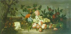 Landscape With A Still Life Of Fruit And Flowers With A Parrot And A Dog