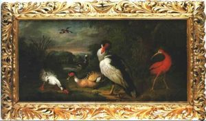 A Muscovy Duck, A Scarlet Ibis And Other Birds By Willow In Landscape