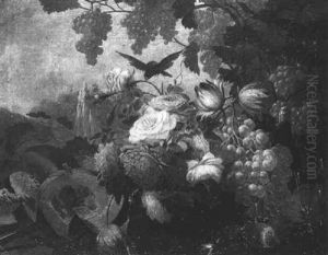 Flowers, Fruit, A Pumpkin And A Songbird With Glasses And A Bottle Of Wine