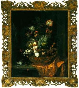 Still Life Of Fruit And Flowers In A Gilt Bronze Urn On A Stone Ledge, Partly Draped With A Silk Cloth by Jakob Bogdani