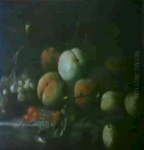A Still Life Of Grapes, Cherries, Peaches And Plums With A  Butterfly On A Stone Ledge by Jakob Bogdani