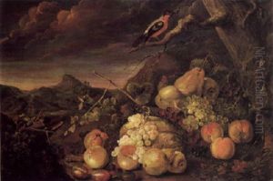 Still Life Of Fruit And A Bird In An Open Landscape by Jakob Bogdani