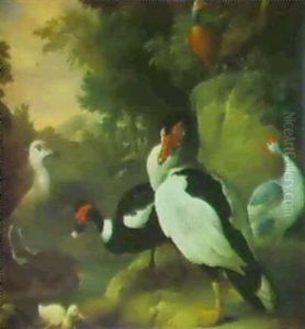 Partidges, Muskovy Ducks, A Juvenile Herring Gull And Other Birds In A Landscape by Jakob Bogdani