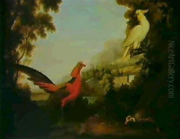 Mongolian Pheasant And A Parrot With An Extensive Italianate Landscape Beyond - view 1
