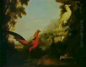 Mongolian Pheasant And A Parrot With An Extensive Italianate Landscape Beyond by Jakob Bogdani