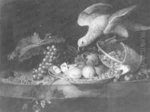 Grapes And Berries On A Ledge By A Blue And White Dish With Peaches And Raspberries, A Parrot Upsetting A Basket... by Jakob Bogdani