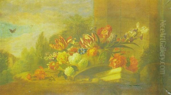 Lilac, Tulips, Peonies, And Irises In A Basket With Butterflies, A Park Landscape Beyond - view 1