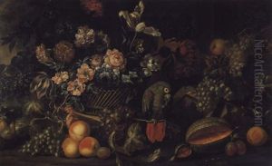 Nature Morte Au Panier De Fleurs, Avec Des Fruits Et Un     Perroquet